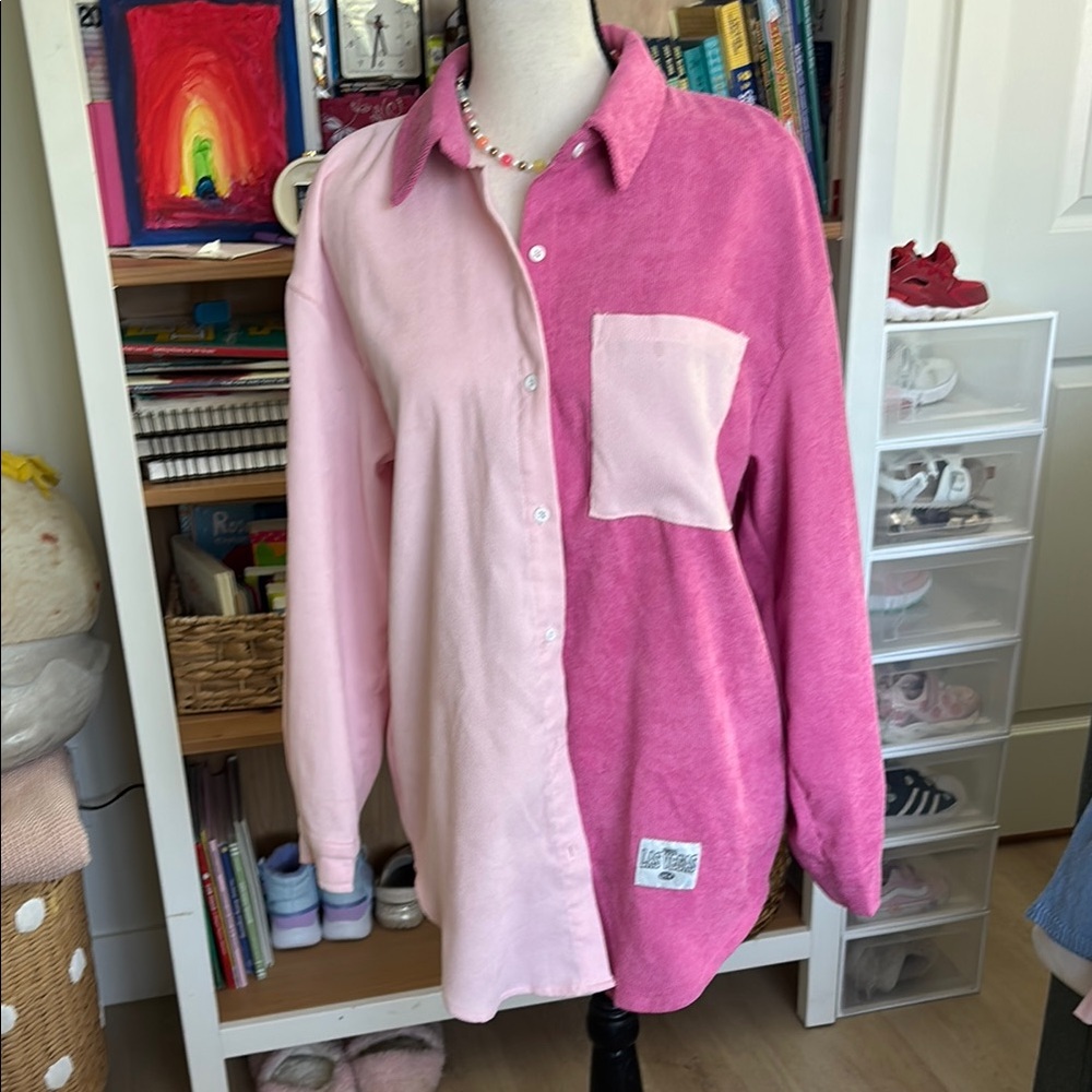 SHEIN Pink Button Down Shirt with Colorblock Design